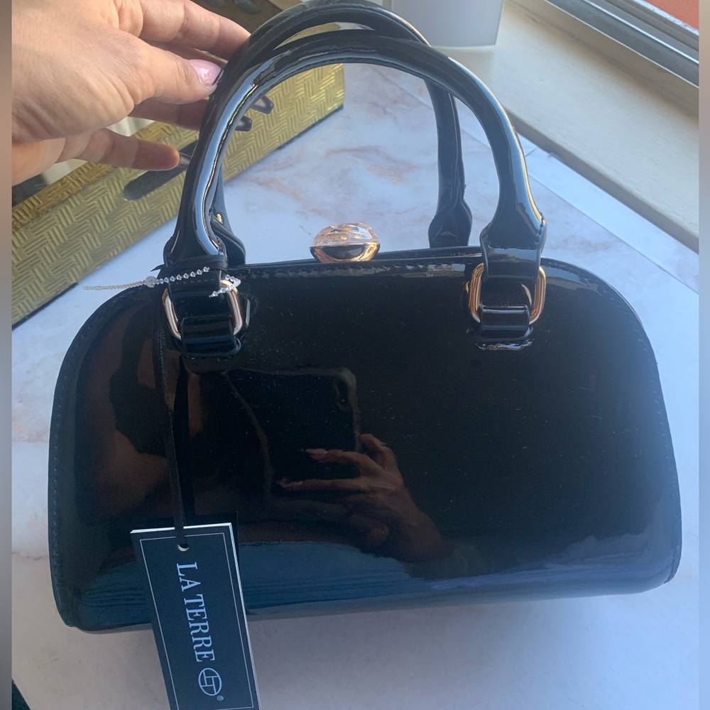 La Terre Black Paten Leather Handbag NWT